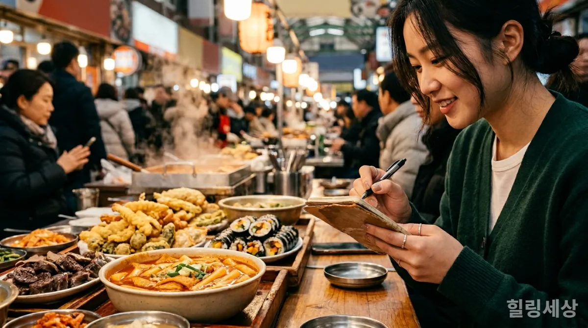 전통 시장에서 현지 음식을 기록하는 손과 미식 탐험 일기