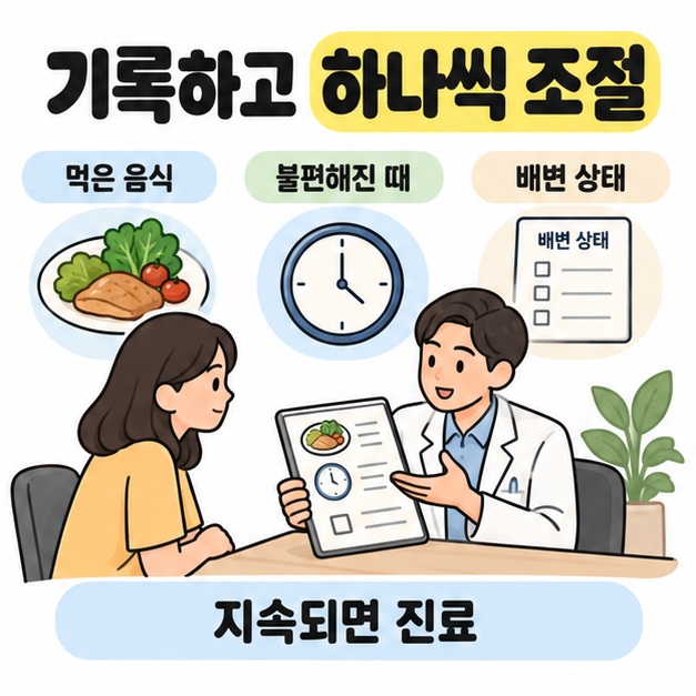 먹은 음식과 불편해진 때, 배변 상태를 음식 그림과 시계, 기록지로 보여 주고 의료진과 상담하며 지속되면 진료받도록 안내하는 장면