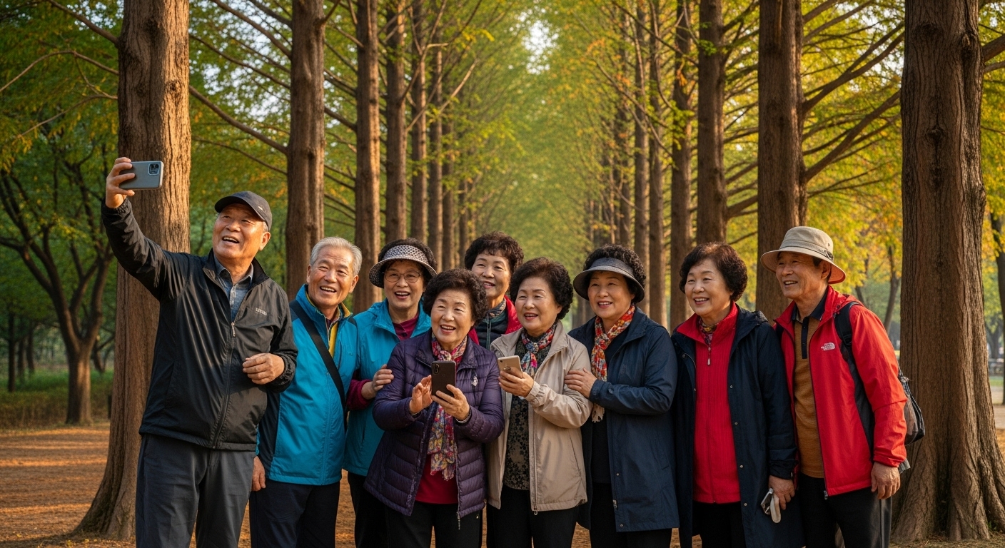 서울숲에서 단체 사진을 찍는 시니어 모임