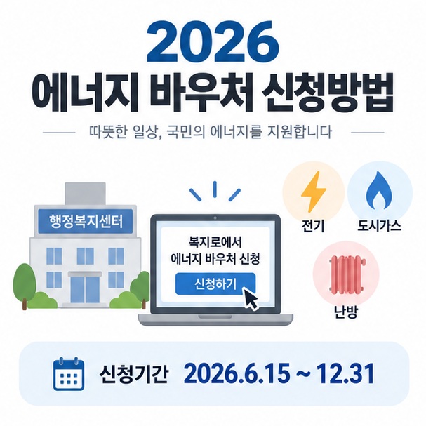 2026 에너지 바우처 신청방법 문구와 행정복지센터 복지로 전기요금 고지서를 함께 보여주는 대표 정책 인포그래픽