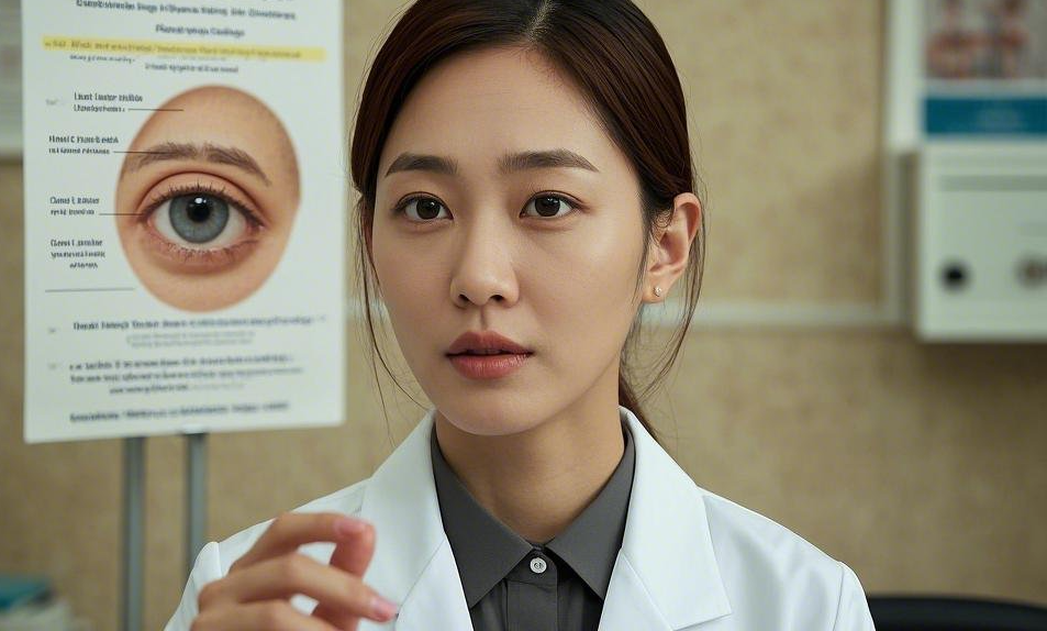 A woman is white is in an eye hospital.