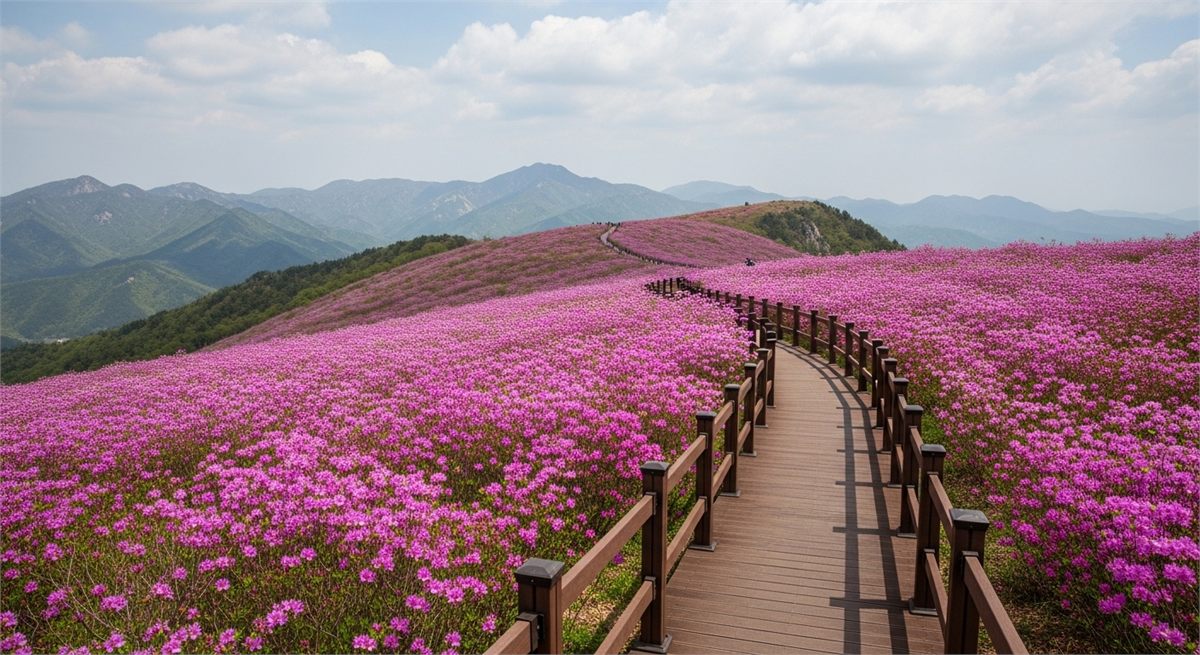 철쭉 군락 사이로 이어진 황매산 산길 전경