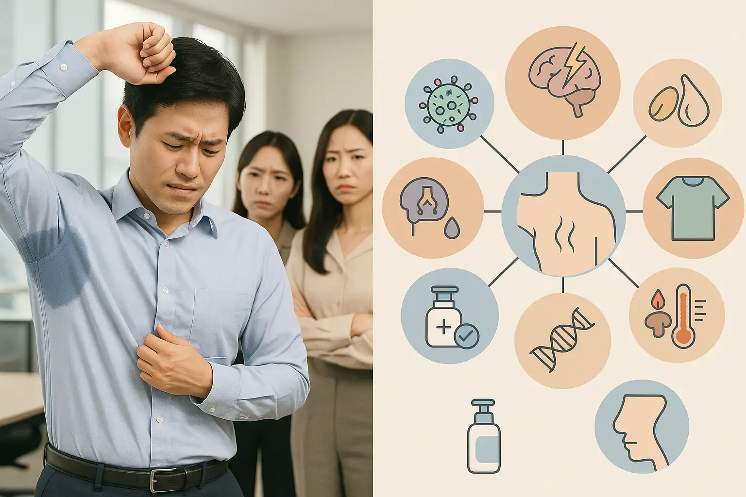 겨드랑이 냄새로 불편해하는 직장인, 주변 사람들의 시선이 부담스러운 모습, 위생뿐 아니라 다양한 원인이 있다는 메시지를 담은 인포그래픽