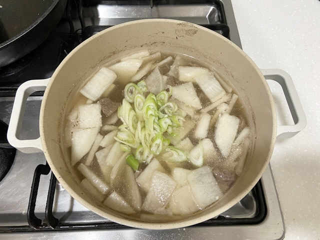 잘 끓여진 소고기 무국에 올라가있는 쏭쏭 썬 대파