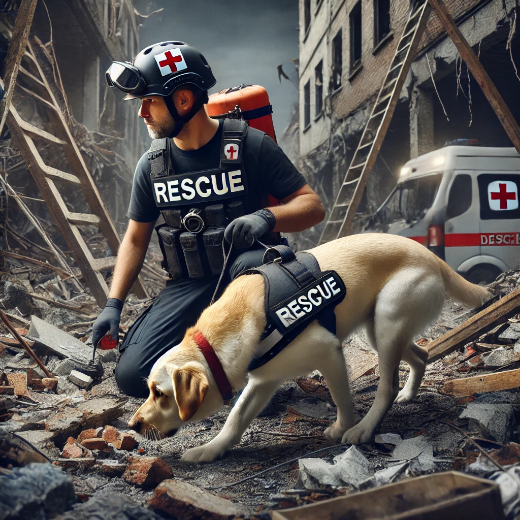 훈련견과 훈련사가 구조하는 모습에 대한 이미지