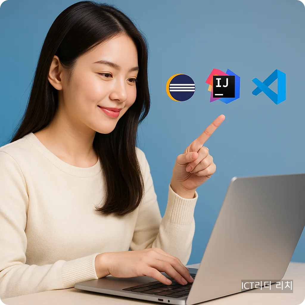 Spring Boot IDE 비교 블로그 대표 썸네일 &ndash; 20대 여성 개발자가 노트북으로 코딩하며 IDE 로고를 가리키는 장면