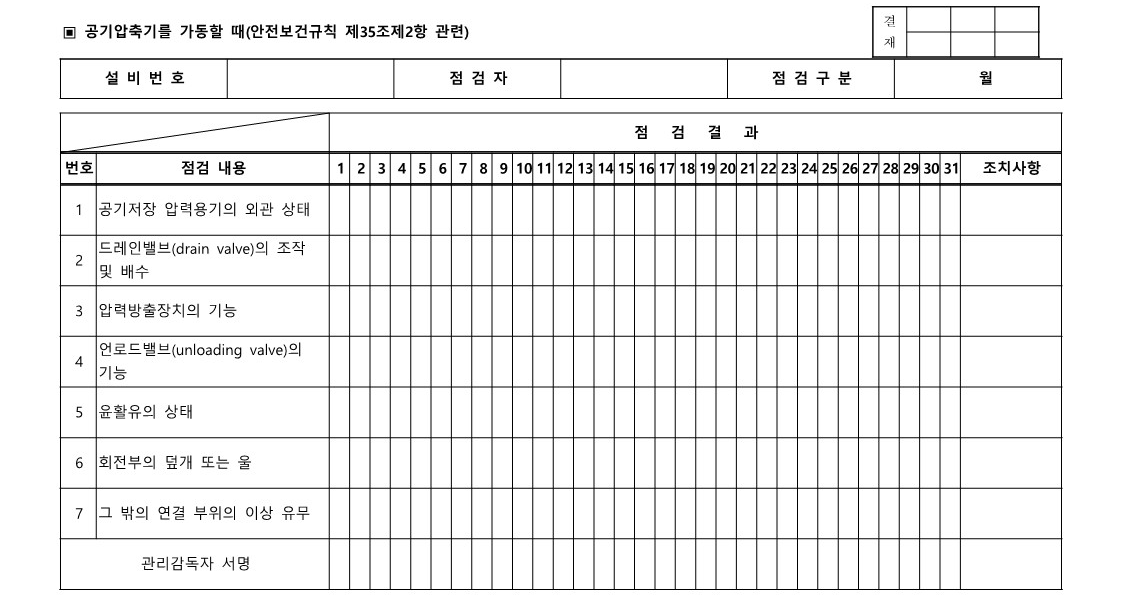 공기압축기 작업시작 전 점검표