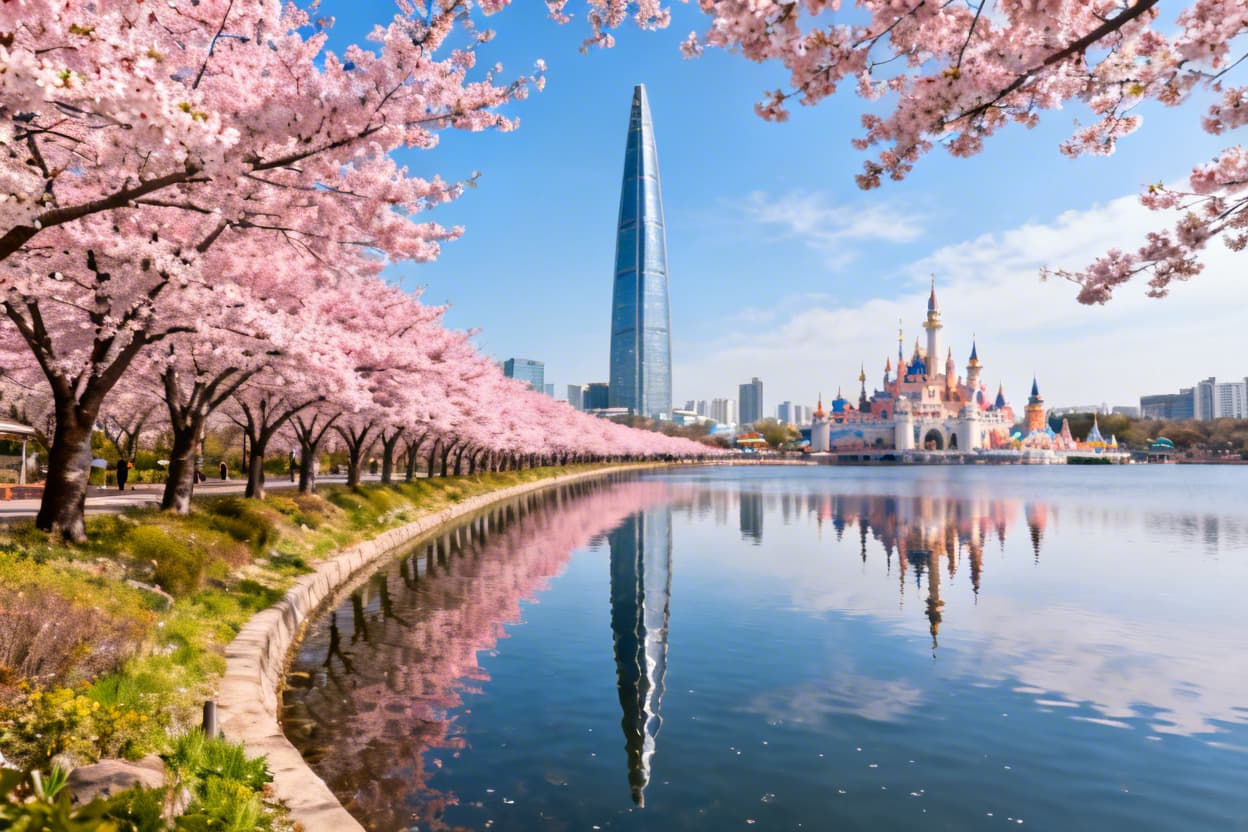 서울 송파구 석촌호수 벚꽃 축제와 롯데월드 매직캐슬이 어우러진 이국적인 봄 풍경