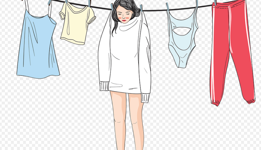 빨래줄에 여러가지 빨래와 함께 걸려 있는 여자