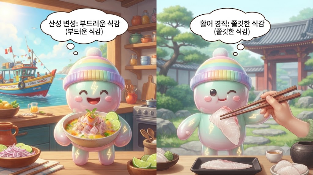 페루의 해변과 일본의 전통 정원이 한 화면에 펼쳐집니다. 왼쪽에서는 3D 쫀쿠가 라임즙이 가득한 그릇에 생선을 담가 화학적으로 '익힌' 부드러운 세비체를 맛보며 눈을 찡긋하고, 오른쪽에서는 갓 잡은 활어 사시미의 탱탱한 식감을 즐기며 감탄하고 있습니다. 두 요리의 대조적인 질감이 입체적으로 잘 표현되었습니다.