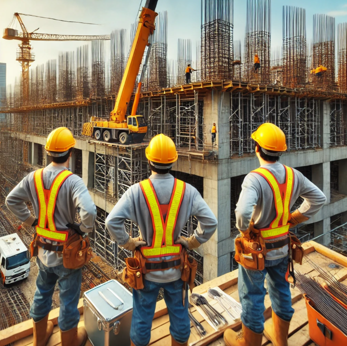 안전장비를 착용하고 건축 작업 중인 한국의 건설 근로자들