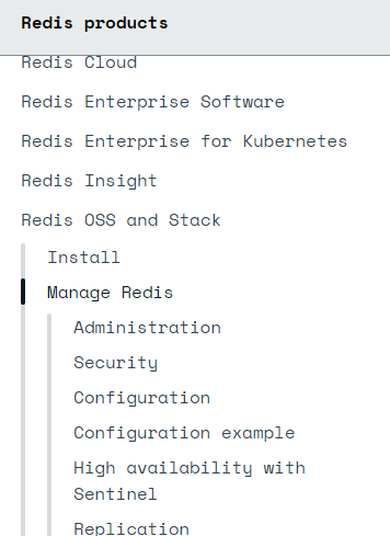 공식 매뉴얼 목차에 나타난 Redis 제품의 종류