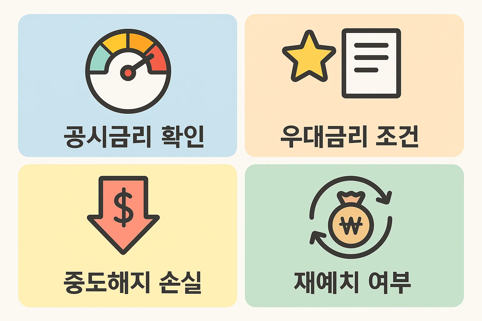 카카오뱅크 예금 이율을 확인할 때 필요한 우대금리 조건, 중도해지 손실, 재예치 여부 등 필수 점검사항을 정리한 실전 안내용 이미지