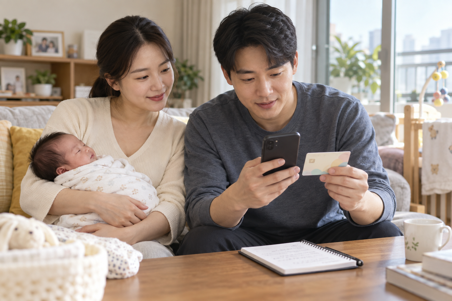 첫만남이용권 신청부터 국민행복카드 잔액&middot;사용처 확인까지와 관련해 부모와 아이가 실제 상황에서 다음 행동을 확인하는 장면