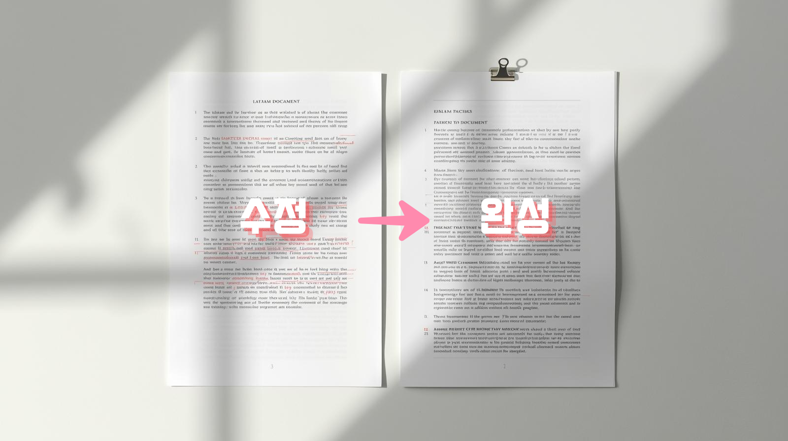 좌우 비교사진, 왼쪽은 수정이 필요해 붉게 마크한 서류, 오른쪽은 수정이 다 완료되어 완성된 서류