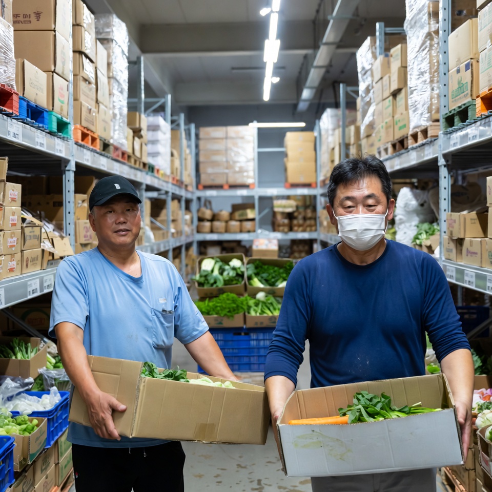 60대 한국 소상공인 2명이서 채소를 납품하는 모습