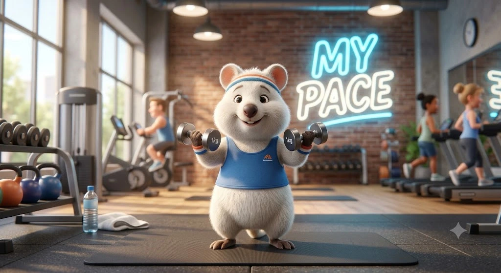 남의 속도에 휘둘리지 않고 자신만의 원칙과 속도('MY PACE')를 지키며 꾸준히 투자 체력을 기르는 자신감 있는 투자자의 모습을 쿼카의 표정으로 시각화함.