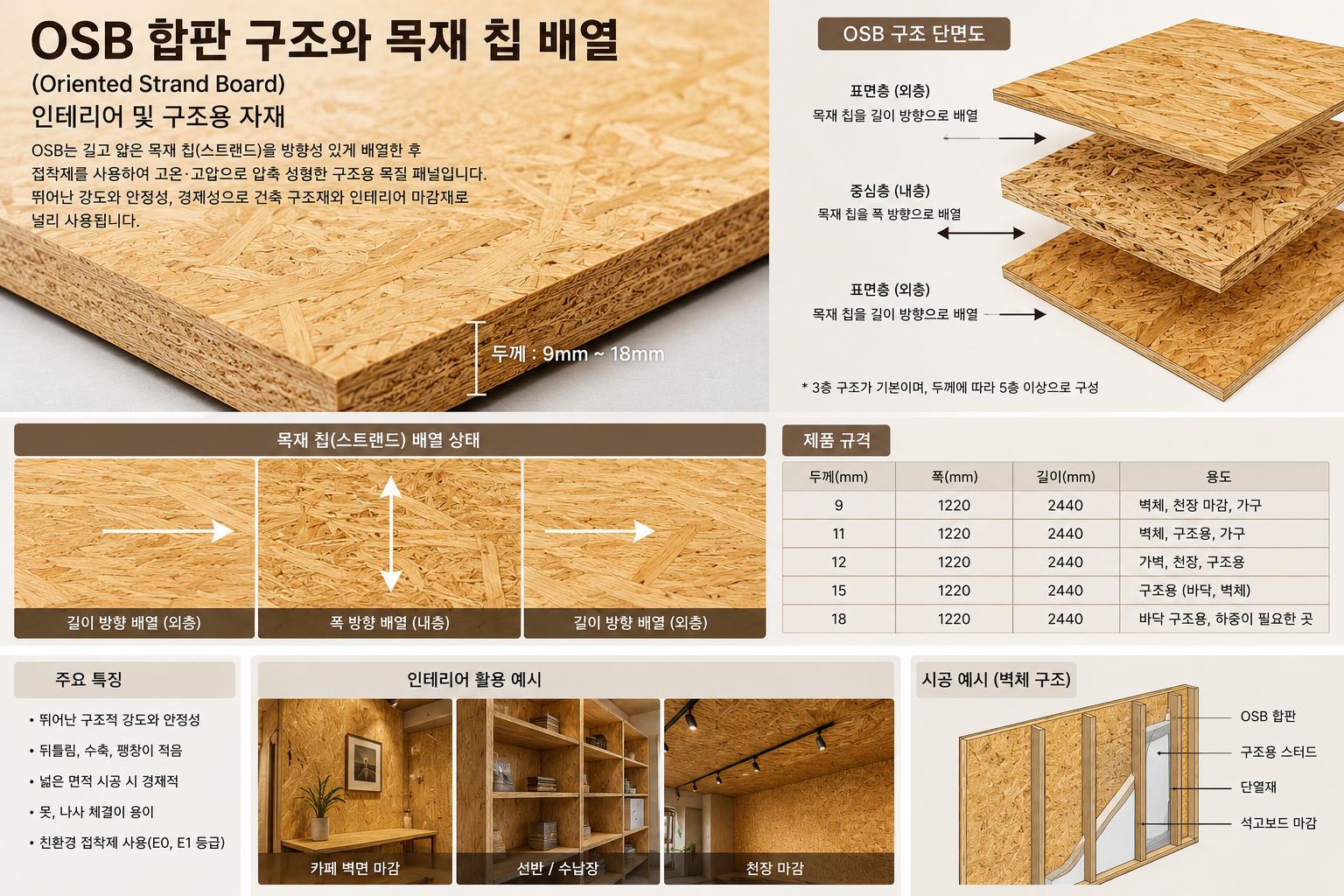 OSB합판 구조와 목재칩 배열