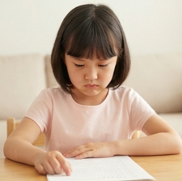 딸이 받아쓰기 시험지 보며 속상해하는 표정