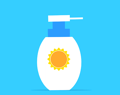 하늘색 바탕에 하얀 플라스틱으로 된 선크림이 있다. 표면엔 노란 태양이 그려졌다.