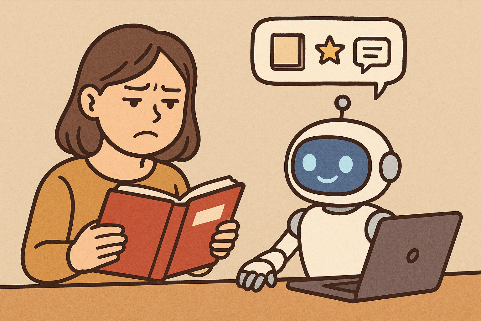 도서 리뷰를 AI에게 맡기고 결과를 확인하는 여성과 로봇 일러스트