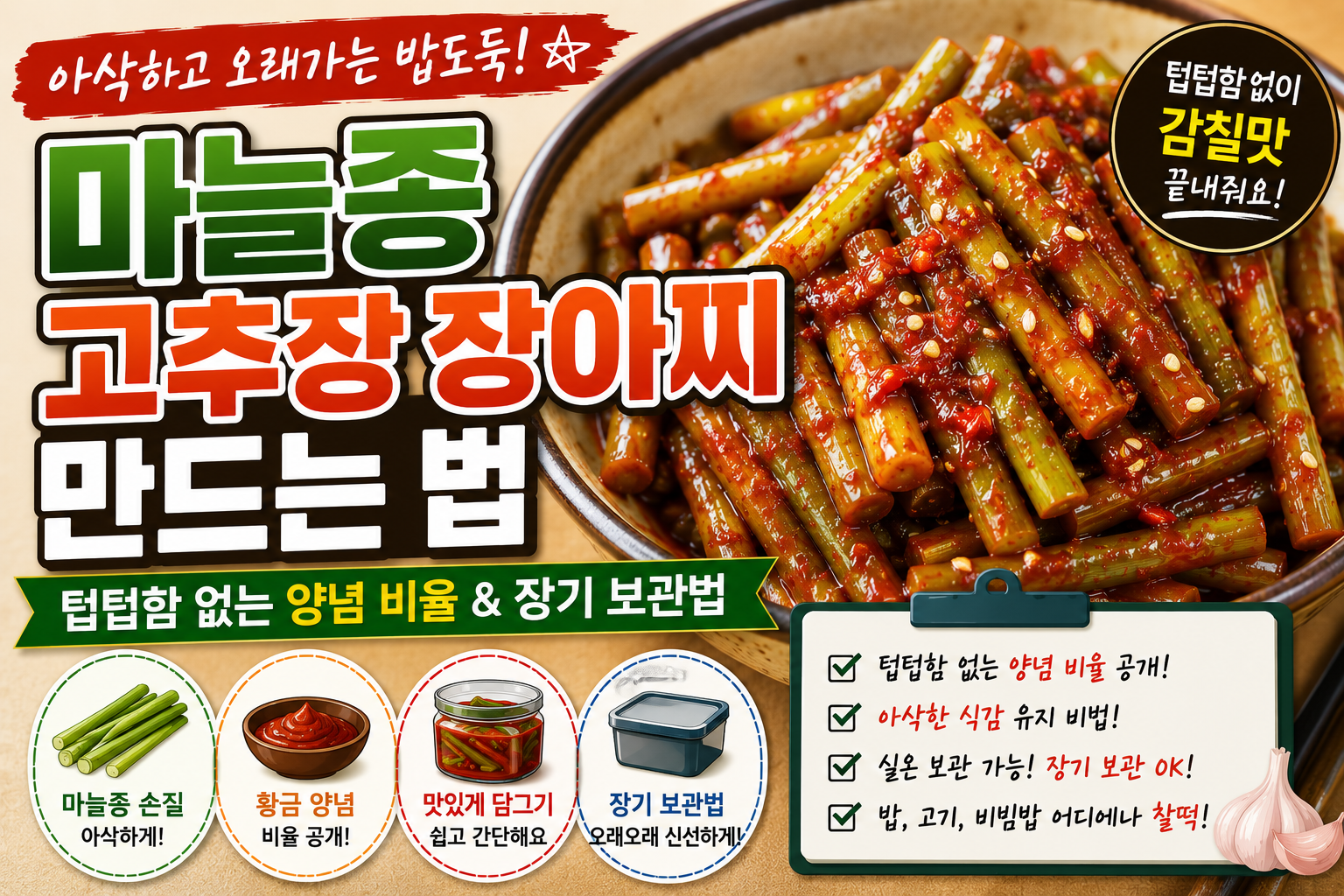 마늘종 고추장 장아찌 만드는 법, 텁텁함 없는 양념 비율과 장기 보관법