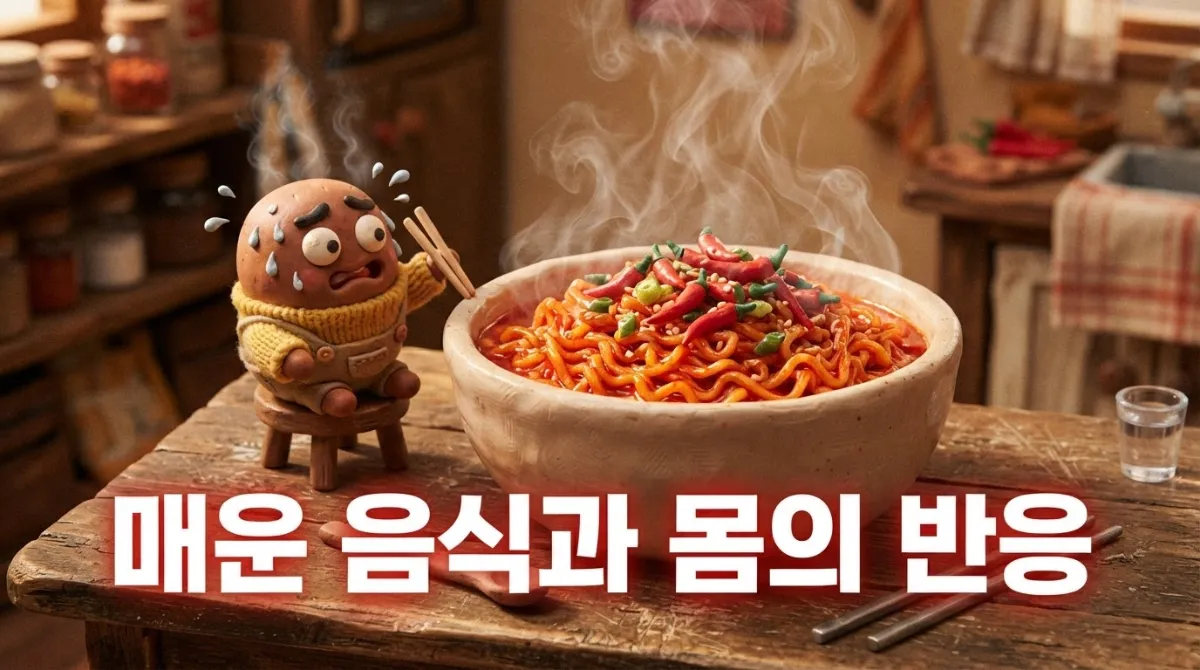 뜨거운 김이 올라오는 매운 한국식 라면과 고추가 놓인 그릇