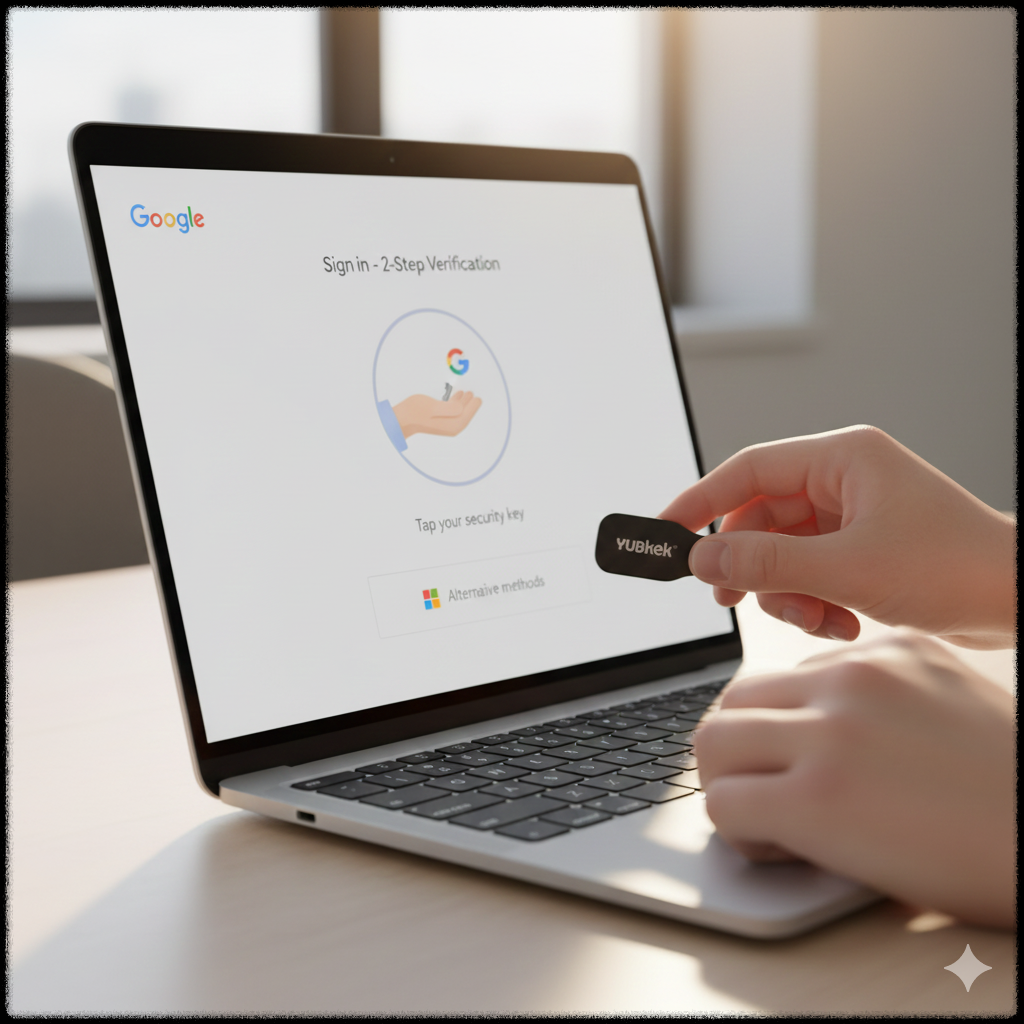 사용자가 노트북에 YubiKey 같은 보안키를 꽂아 인증하는 모습