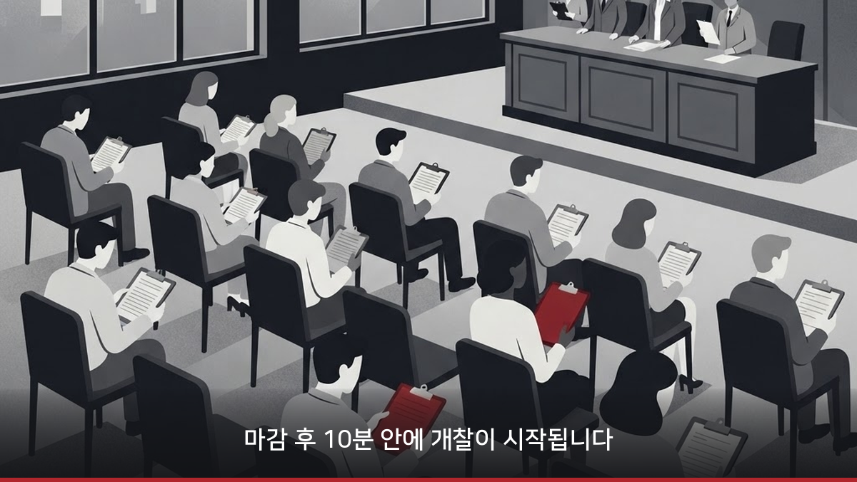경매법정에서 입찰표를 작성하고 개찰을 기다리는 모습