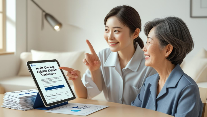 건강검진 안내문을 보며 부모님을 돕는 젊은 자녀