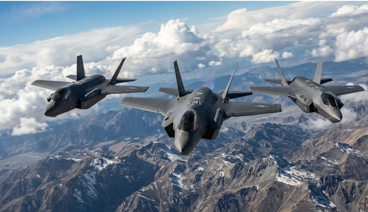 F-35 전투기 세 대가 편대 비행을 하며 위협적인 자태를 드러내고 있다.