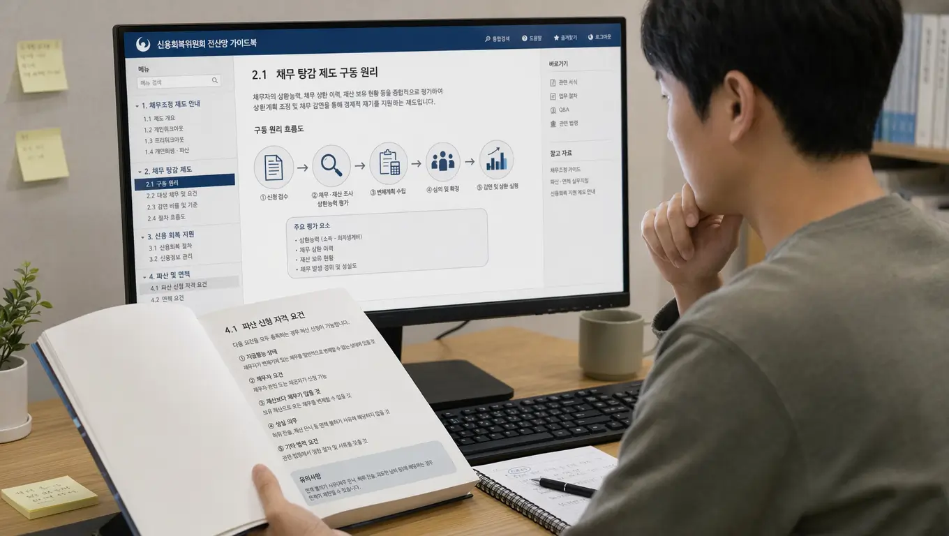 채무 탕감 제도 구동 원리와 신용 회복 위원회 파산 신청 자격 요건을 파악하기 위해 전산망 가이드북을 검토하는 채무자