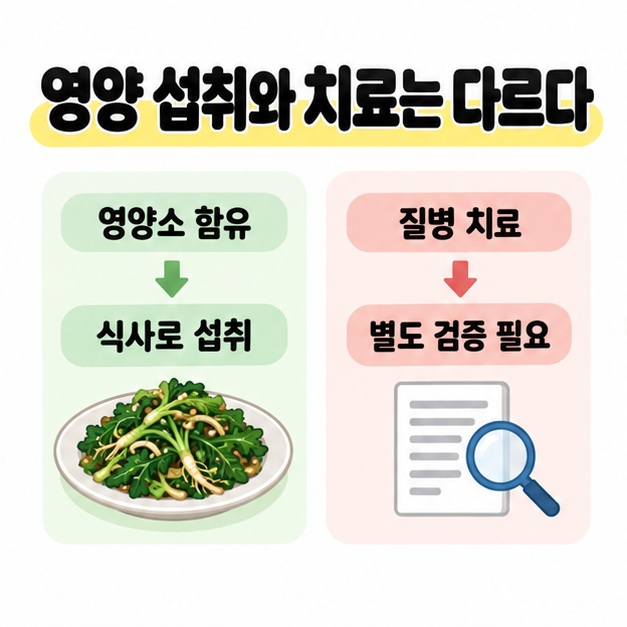 영양소를 식사로 섭취하는 것과 질병 치료 효과를 별도로 검증하는 것을 구분한 비교 그림