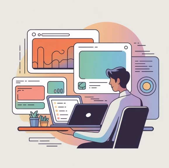 네이버 밴드 PC버전으로 업무 진행중인 사람 일러스트