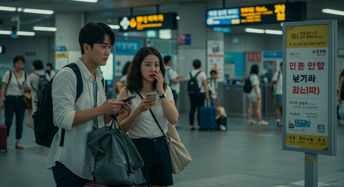 강원도 버스 터미널에서 매진 표를 보고 당황하는 한국인 여행객들.
