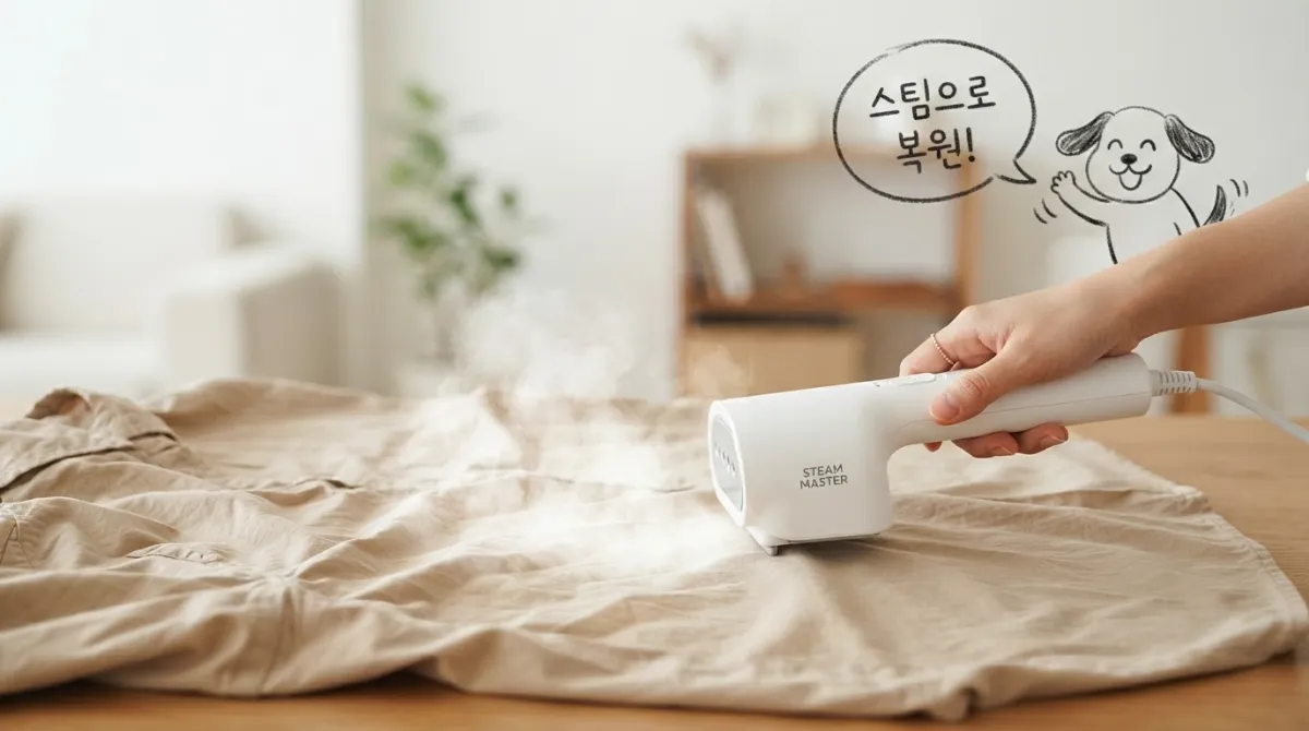 손에 들린 핸디형 스팀 다리미에서 나오는 따뜻한 수증기로 옷감의 집게 자국을 보송보송하게 복원하는 스틱 도지 캐릭터의 모습