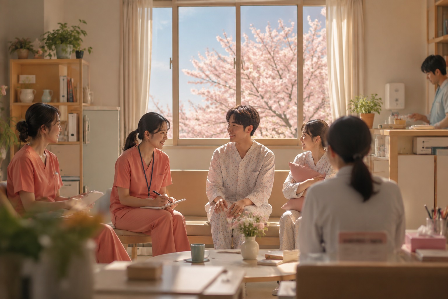 따뜻한 분위기의 정신병동에서 환자와 의료진이 함께 있는 모습