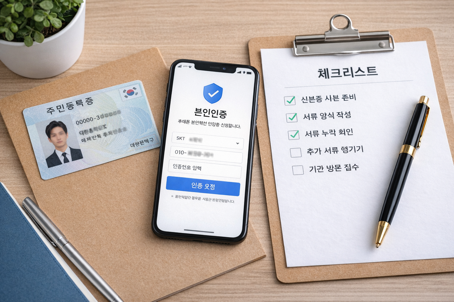 신분증, 휴대폰 본인인증 화면, 체크리스트