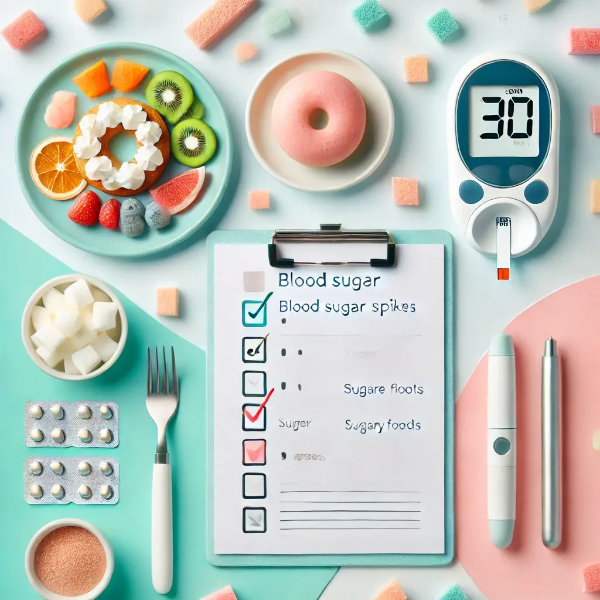 혈당 스파이크를 상징하는 혈당계, 단 음식, 자가진단 체크리스트 세팅