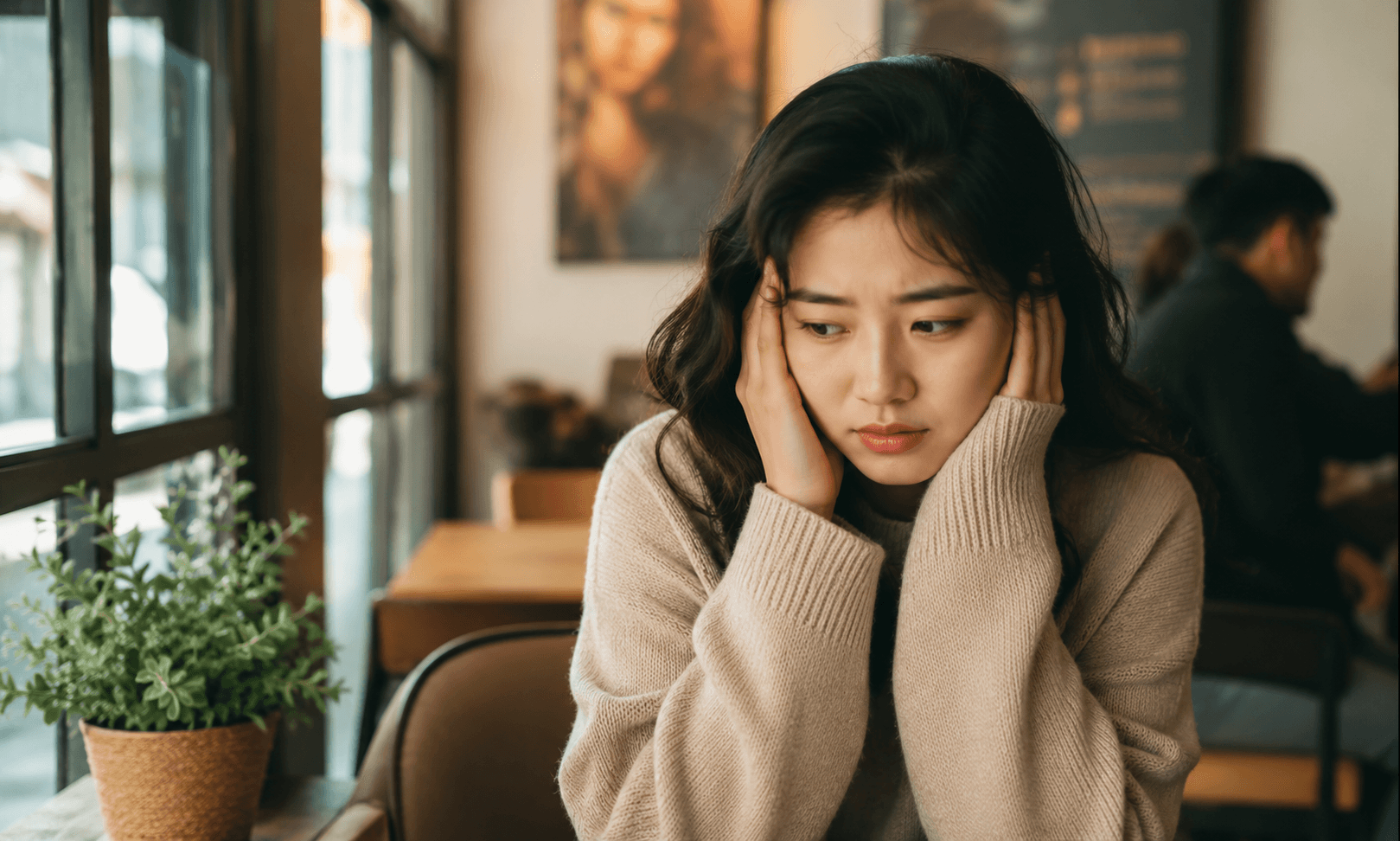 소음에 예민하게 반응하며 조용한 카페 구석에 앉아있는 HSP 성향의 여성