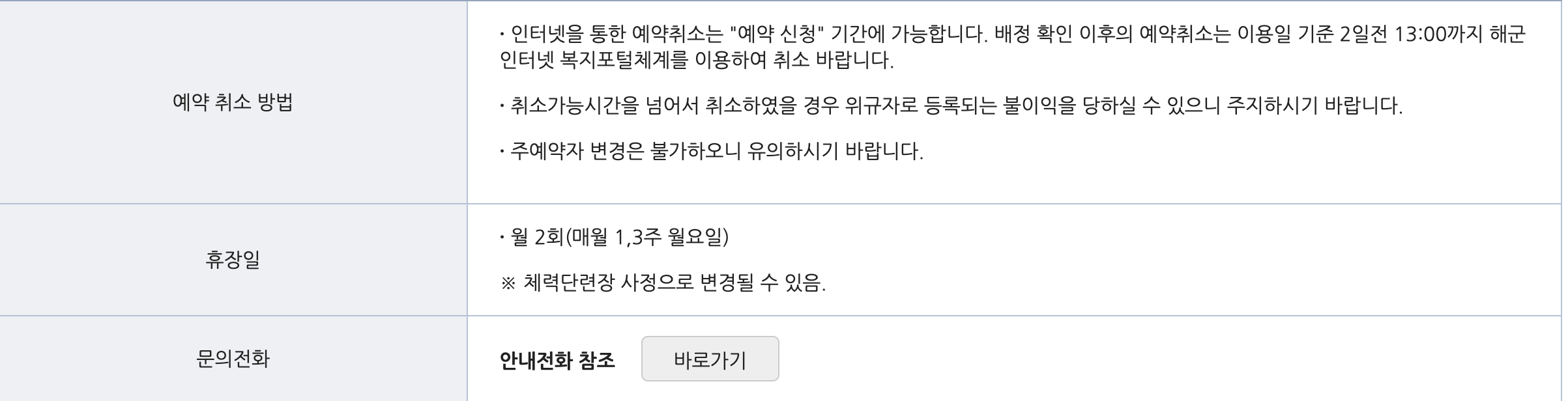 해군 체력 단련장, 평택 만포대 체력 단련장 예약 취소