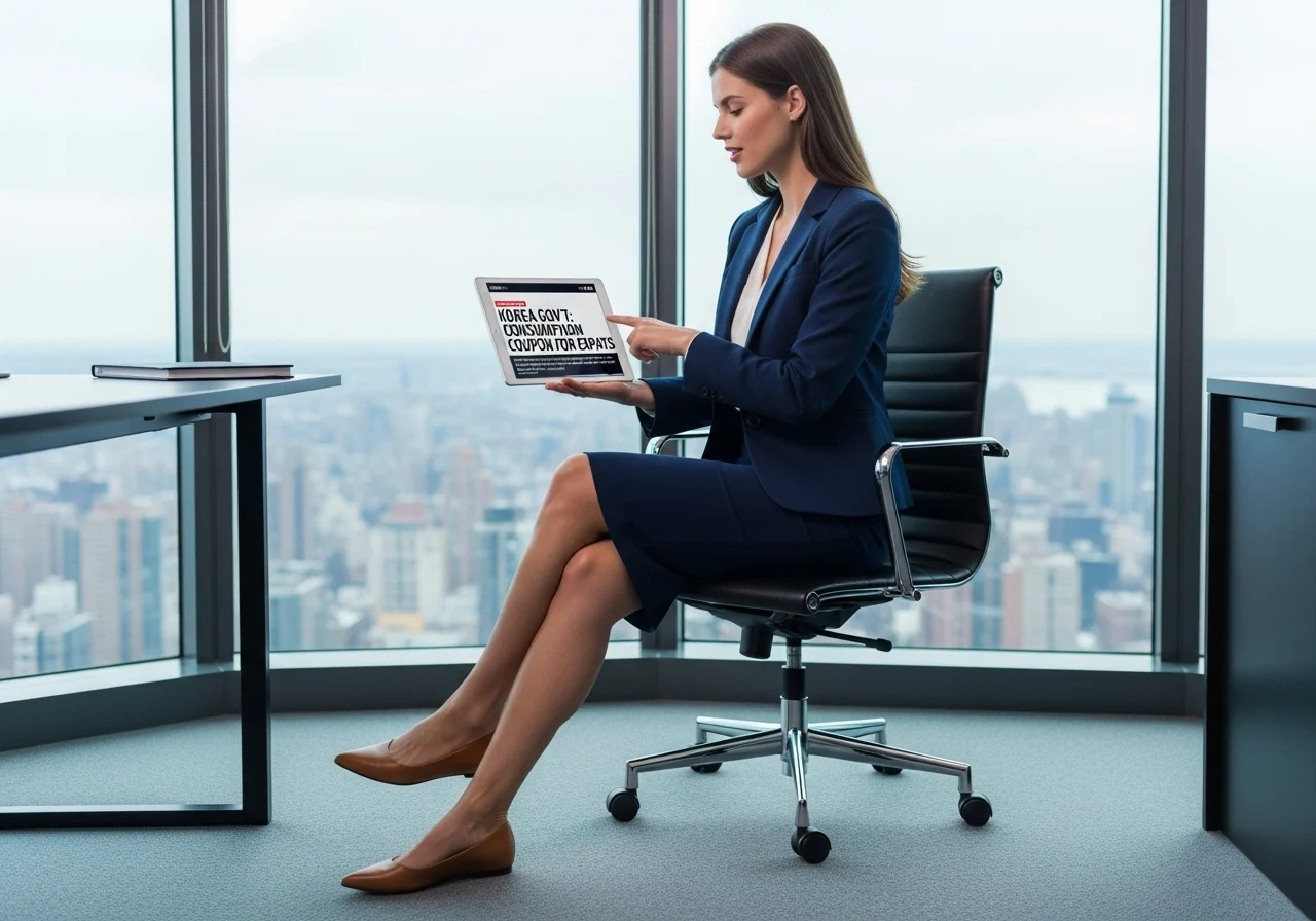 세련된 서양인 여성이 태블릿으로 'KOREA GOV'T: CONSUMPTION COUPON FOR EXPATS'라는 뉴스를 보고, 흥미로운 표정을 짓고 있다