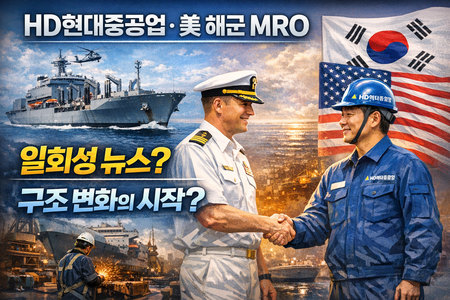 HD현대중공업이 미 해군 함정 MRO 정비를 수행하며 글로벌 방산 파트너로 부상하는 모습