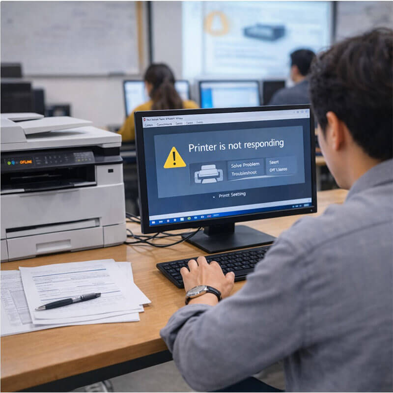 급하게 출력해야 하는 상황에서 프린터 연결 오류를 확인하며 컴퓨터 화면을 점검하는 작업 환경 장면