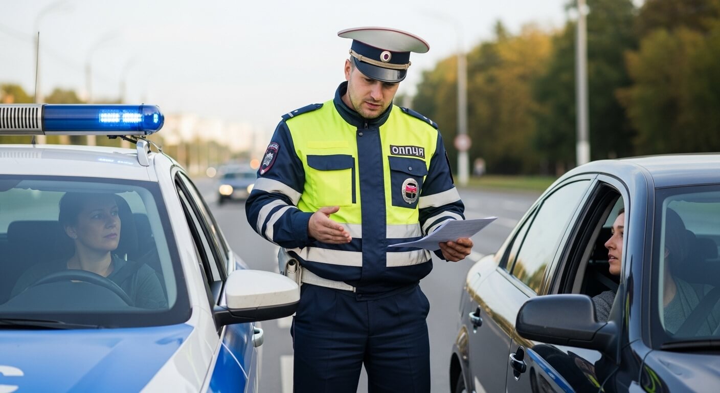 차량 옆에서 경찰관이 문서를 보이며 운전자에게 교통 위반 사항을 설명하는 장면