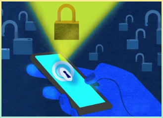 파란색 배경 위에 안전하게 스마트폰을 들고 있는 손