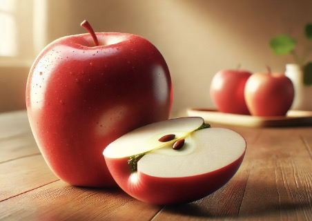 윤기 나는 신선한 붉은 사과와 함께, 잘라서 속이 드러난 사과