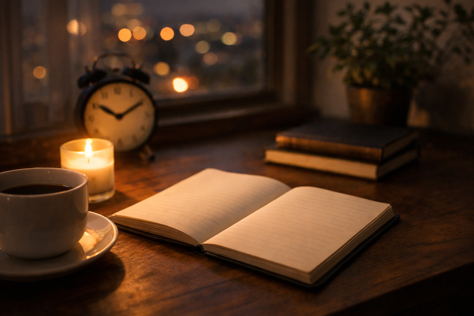 저녁의 책상 위, 비어 있는 노트와 커피잔, 촛불과 시계가 놓인 조용한 풍경. 기록하지 않아도 괜찮은 하루를 상징하는 쉼표의 서재 이미지