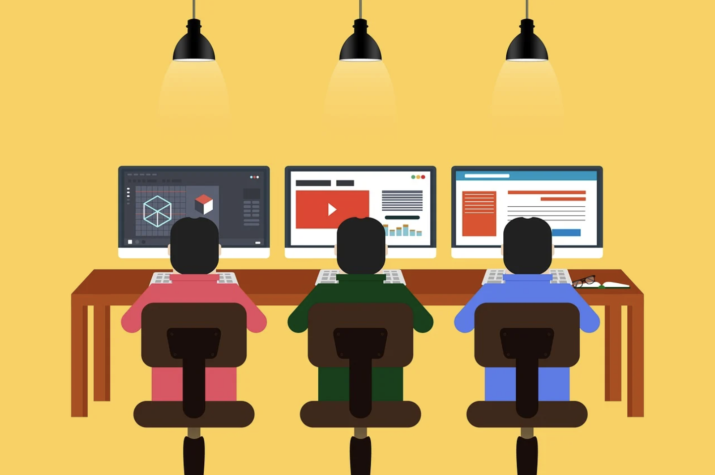 여러 명의 콘텐츠 제작자가 책상에 앉아 각각 다른 컴퓨터 화면으로 블로그, 영상, 디자인 작업을 수행하는 모습의 일러스트