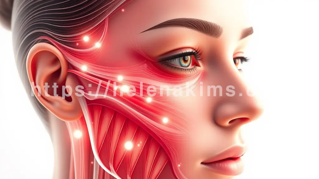 . 인간 얼굴의 피부층과 근육 섬유가 투명하게 표현된 추상적인 비주얼. 얼굴 특정 부위(이마, 미간, 눈가)에서 주름을 유발하는 근육의 미세한 움직임이 가는 선으로 시각화한 이미지.